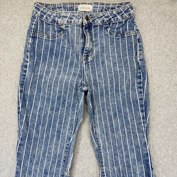 Cello Flare Jeans Women’s 4 Blue White Pinstripe Open Hem - Picture 2 of 14
